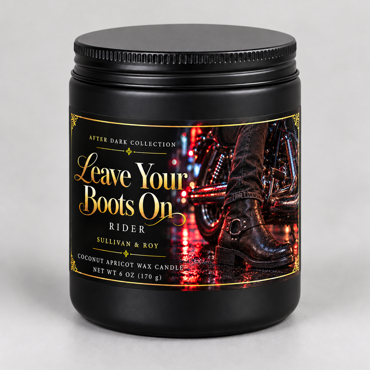 Leave Your Boots On — Rider, 6 oz candle mockup in a matte black jar