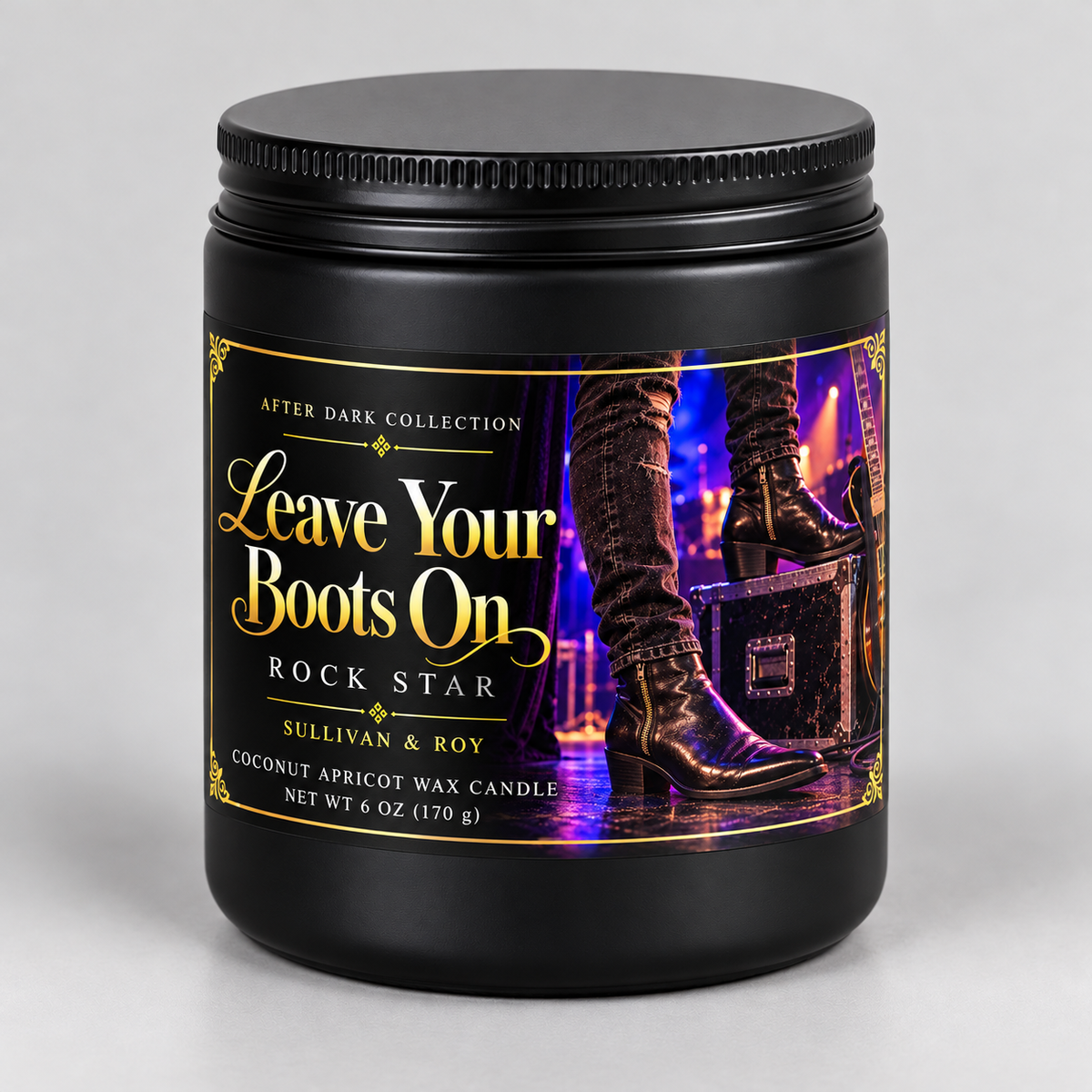 Leave Your Boots On — Rock Star, 6 oz candle mockup in a matte black jar