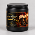 Leave Your Boots On — Santa, 6 oz candle mockup in a matte black jar