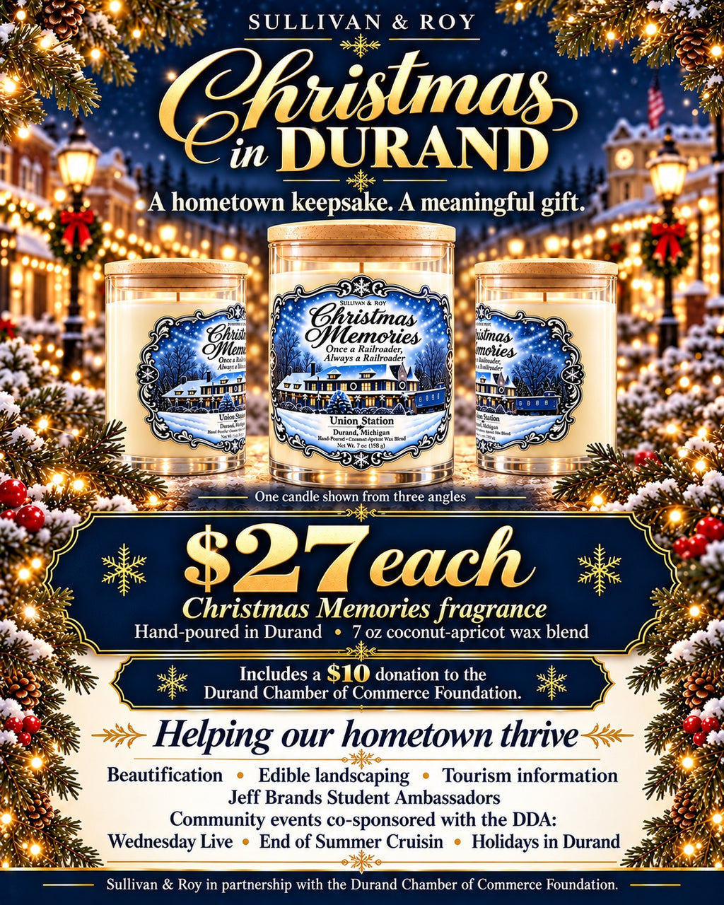 Christmas in Durand fundraiser: $27 per candle, with $10 supporting the Durand Chamber of Commerce Foundation. One candle shown from three angles.