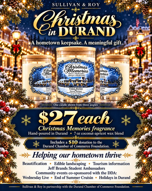 Christmas in Durand fundraiser: $27 per candle, with $10 supporting the Durand Chamber of Commerce Foundation. One candle shown from three angles.