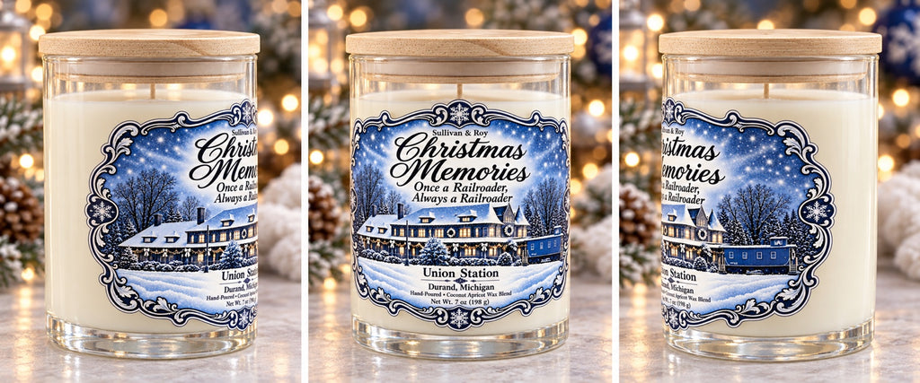 One Sullivan & Roy Christmas Memories candle shown from three angles, with Union Station artwork and bamboo lid.