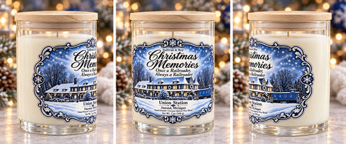 One Sullivan & Roy Christmas Memories candle shown from three angles, with Union Station artwork and bamboo lid.