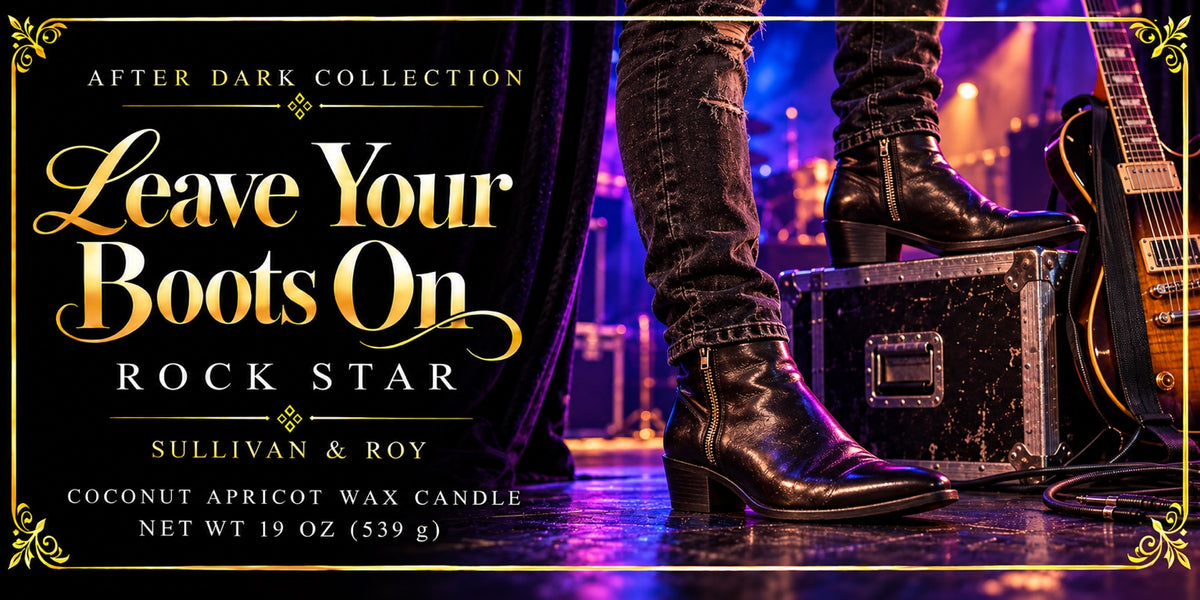 Leave Your Boots On — Rock Star label artwork for the large candle